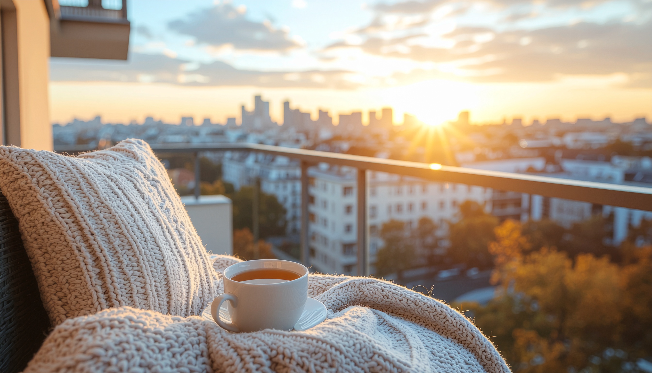 Serene Balcony Scene at Sunset with Cozy Blanket and Tea